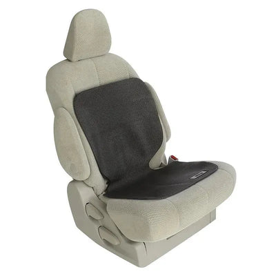 Black Nuby On The Go kids car seat protection undermat laid on a light-colored car seat, designed to protect upholstery.