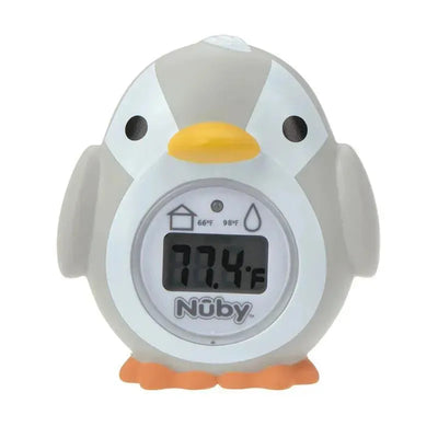 Nuby Penguin Baby Bath Thermometer displaying a digital reading of 77.4°F, featuring a cute penguin design.