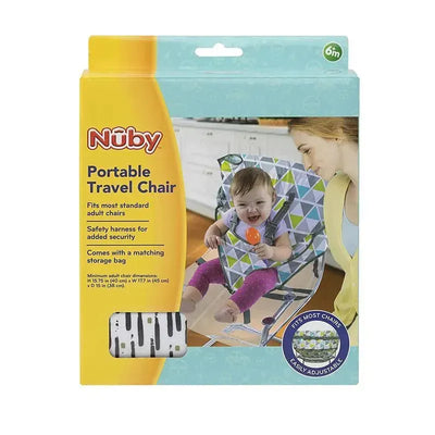 Nuby Portable Travel Chair packaging showing a happy child in the chair, features a safety harness and includes a matching storage bag.