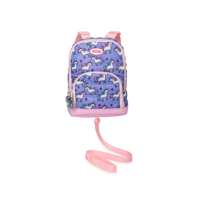 Quilted unicorn backpack in purple with pink accents, featuring multiple pockets and a removable harness strap.