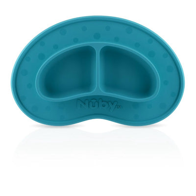Sectioned silicone feeding mat in aqua color, featuring two separate compartments and the Nuby logo.