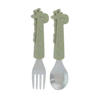 Silicone stainless steel fork and spoon set with giraffe-shaped handles in green color.