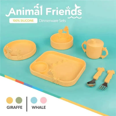 Nuby Silicone Stainless Steel Giraffe Fork & Spoon set in yellow, featuring plates, bowls, and a cup with giraffe designs.