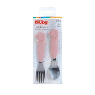 Nuby pink silicone and stainless steel fork and spoon set for children, designed for ages 12 months and up.