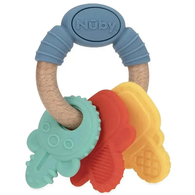 Silicone and wood teether keys from Nuby featuring blue handle and colorful silicone key shapes in red, yellow, and green.