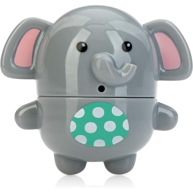 Gray elephant bath toy with a smiling face and colorful polka dot belly, designed for playful water fun.