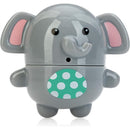 Gray elephant bath toy with a smiling face and colorful polka dot belly, designed for playful water fun.