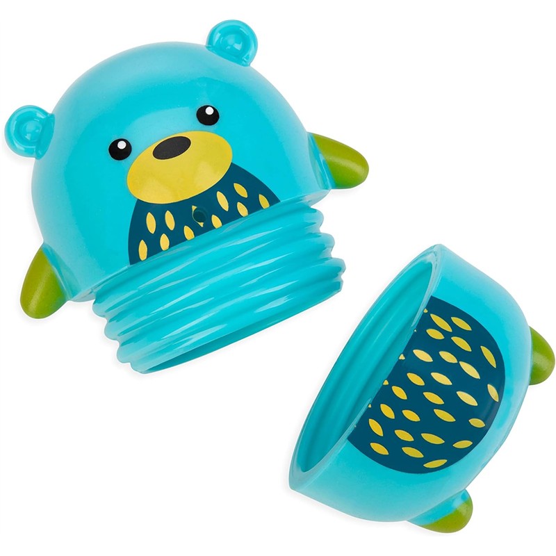 Nuby Silly Squirts Bear bath toy, featuring a cute blue bear design with yellow and green details, split in two.