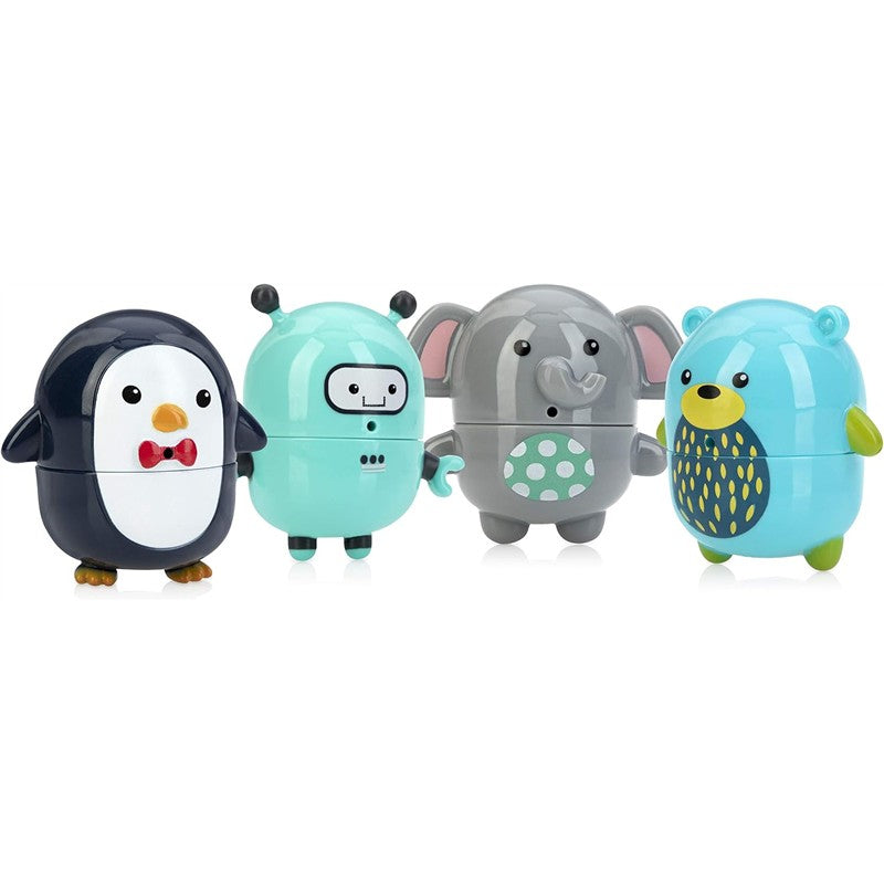 Four colorful bath toys: a penguin, robot, elephant, and bear, designed to engage children during bath time.