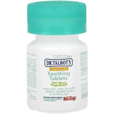 Nuby Soothing Tablets bottle with turquoise cap, containing 140 chamomile tablets for babies 3 months and older.