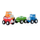 Colorful Nuby Squirt Wheels bath toys, featuring four vehicles: a red car, a green car, an orange truck, and a blue truck.