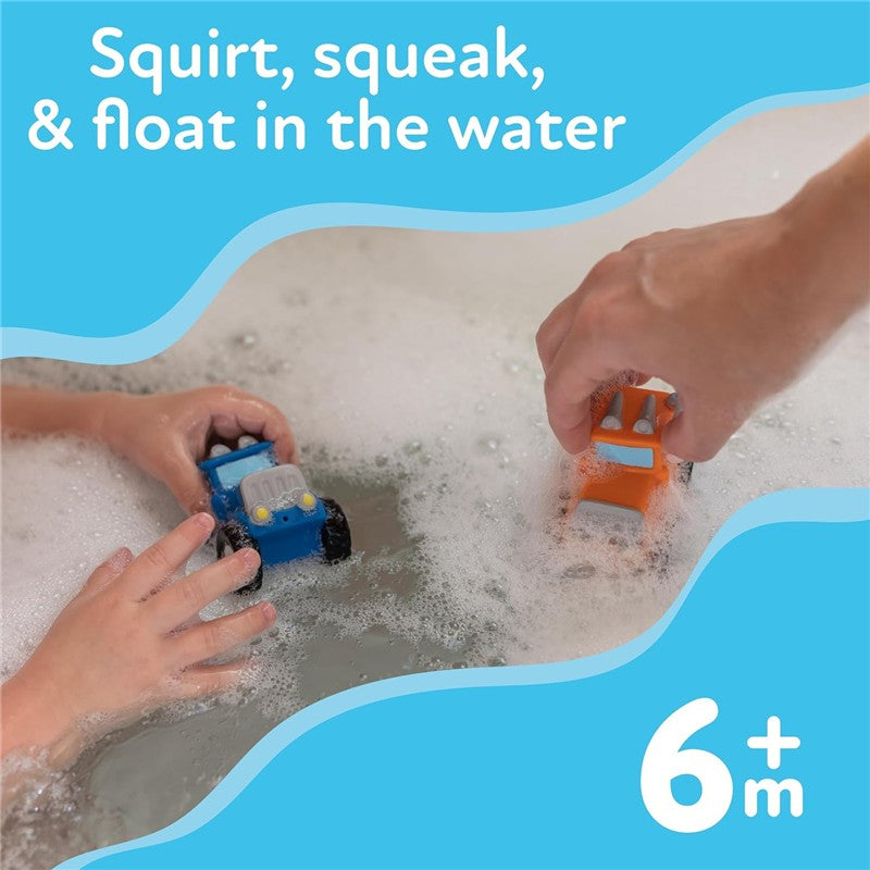 Nuby Squirt Wheels Bath Toys featuring two colorful, floating toy cars in a bubbly bath; suitable for children 6 months and older.