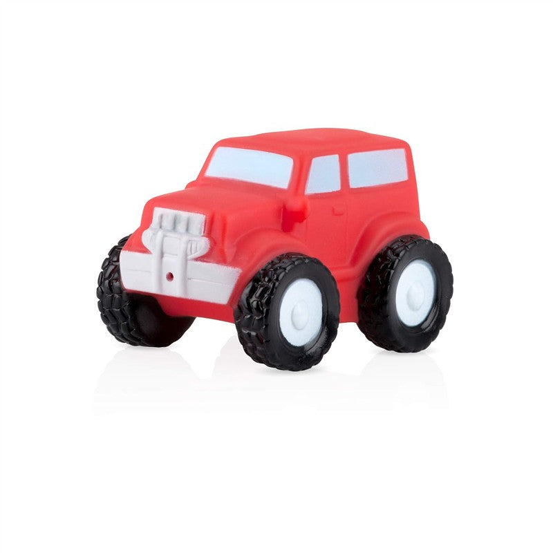 Red toy car from the Nuby Squirt Wheels Bath Toys, featuring rolling wheels and a simple design for water play.