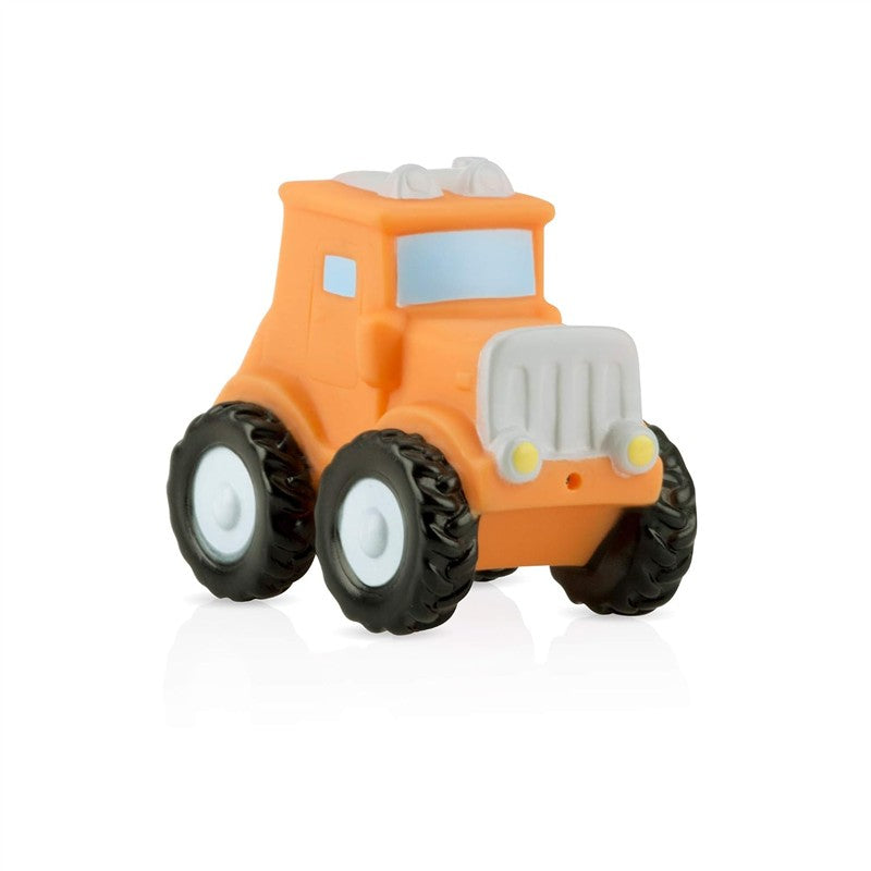 Nuby Squirt Wheels bath toy, an orange truck with large black wheels and a smiling face, designed for water play.