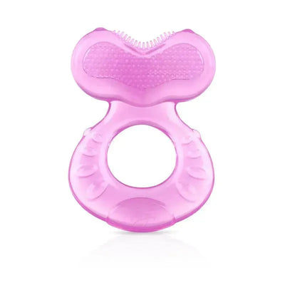 Soft pink silicone teether with textured surfaces designed for infants to soothe gums.