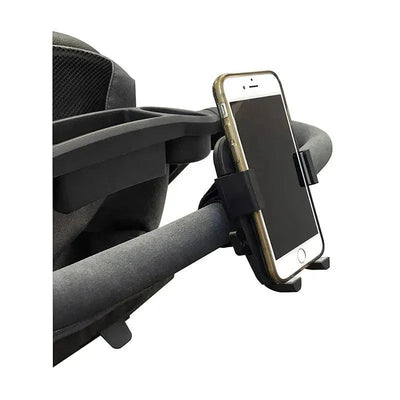Stroller phone holder by Nuby, securely attaches to stroller handle, holding a smartphone in place.