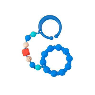 Blue Nuby Tag A Long Teether featuring textured beads, a red square, and a detachable ring for easy gripping.