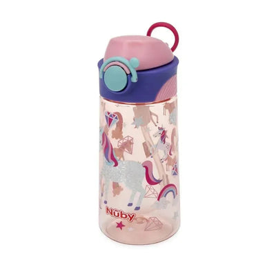 Nuby Thirsty Kids Flip It Bolt water bottle featuring unicorn and gem illustrations, designed for easy drinking.