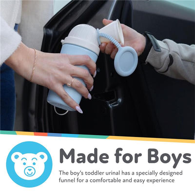 Blue travel potty urinal for boys with a funnel, designed for comfort and ease during use.