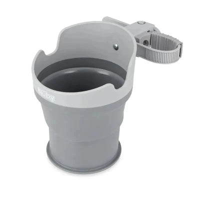 Nuby Universal Collapsible Cup Holder in gray with a clamp for attachment to strollers or other surfaces.