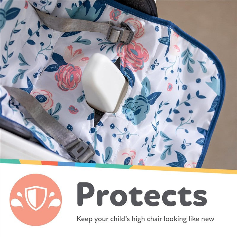 Water-resistant high chair cover in floral print with straps visible, designed to protect and maintain high chair cleanliness.