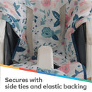 Water-resistant high chair cover featuring a floral print, secured with side ties and elastic backing.