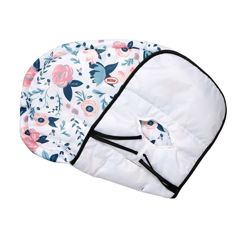 Water-resistant high chair cover featuring a floral print with pink and blue flowers; includes adjustable straps for secure fit.