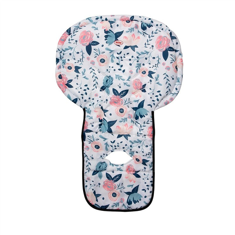 Water-resistant high chair cover featuring a floral print with pink and blue flowers on a light background.