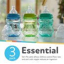 Nuby Wide Neck Non-Drip Bottles, 8 oz, 3-Pack in boy colors; blue, green, and turquoise with anti-colic features.