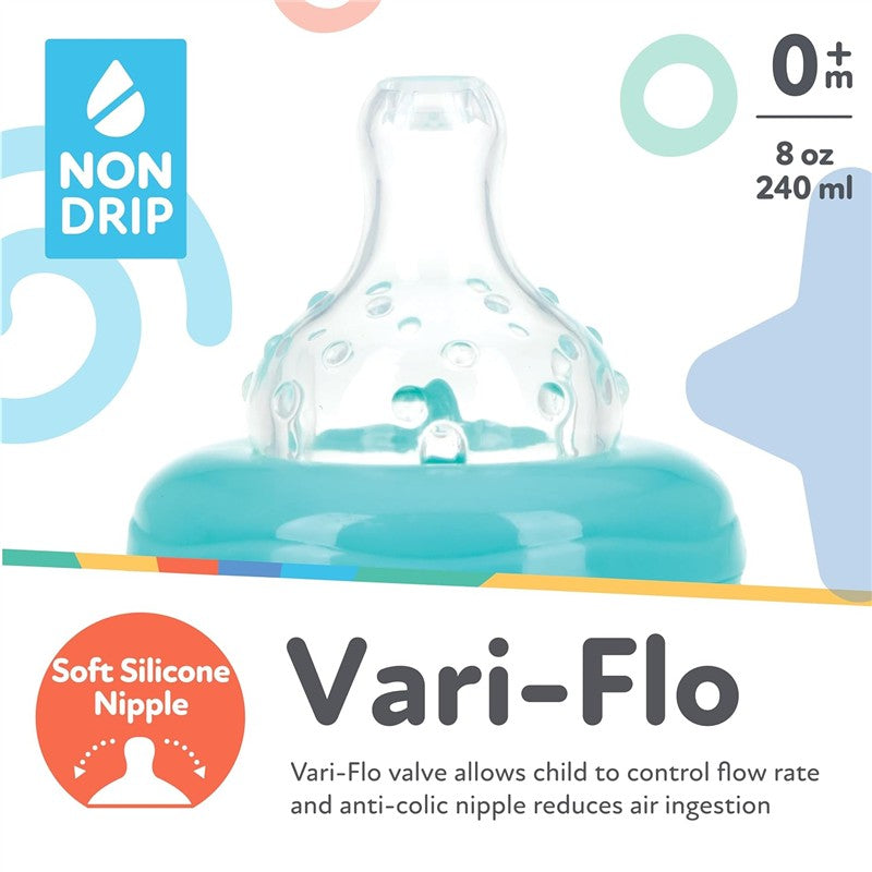 Nuby Wide Neck Non-Drip Bottle, 8 oz, featuring a soft silicone Vari-Flo nipple and a bright blue base.