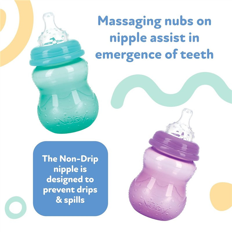 Nuby Wide Neck Non-Drip Bottles in blue and purple, 8 oz each, featuring massaging nubs on the nipple for teething relief.