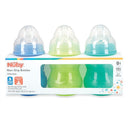 Nuby Wide Neck Non-Drip Bottles, 8 oz, 3-Pack in boy colors, featuring soft silicone nipples and BPA-free design.