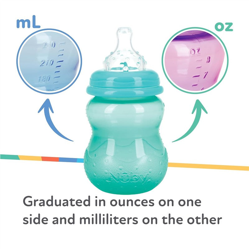 Nuby Wide Neck Non-Drip Bottle, 8 oz, in girl colors, featuring measurement markings in ounces and milliliters on the sides.