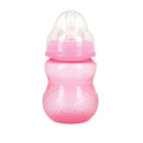 Nuby Wide Neck Non-Drip Bottle, 8 oz, pink, featuring a soft, squeezable design with a plastic nipple.