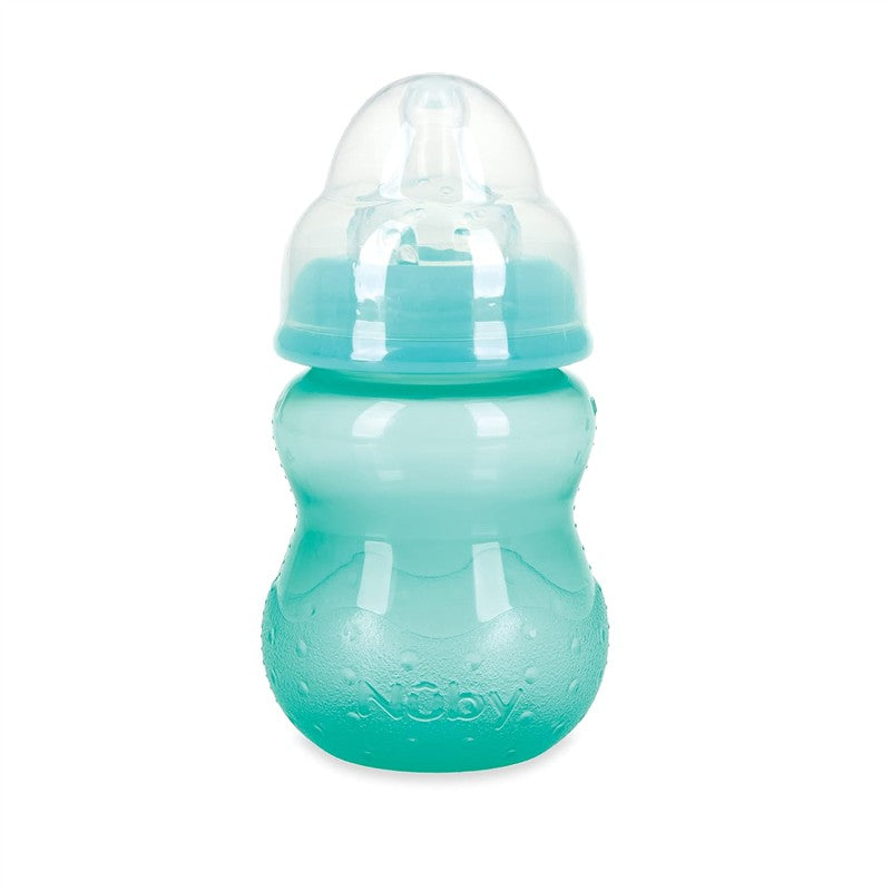 Nuby Wide Neck Non-Drip Bottle, 8 oz, in turquoise with a clear lid, designed for easy feeding without spills.