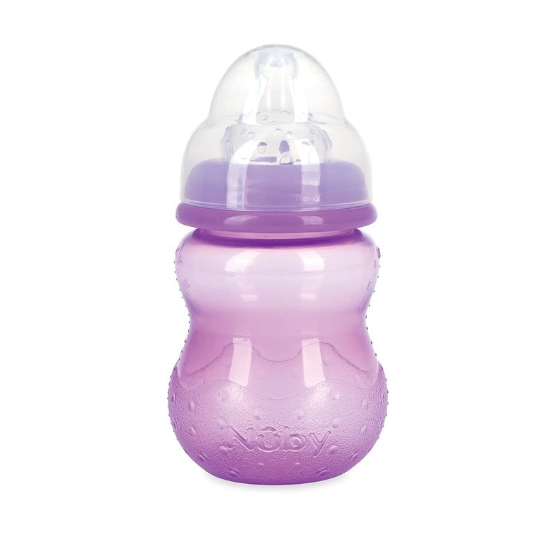 Nuby Wide Neck Non-Drip Bottle in purple, 8 oz, designed for girls; features a soft grip and a clear, spill-proof lid.