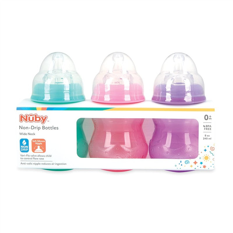Nuby Wide Neck Non-Drip Bottles 8 oz, 3-pack in girl colors: teal, pink, and purple with anti-colic silicone nipples.