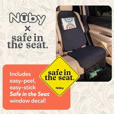 Nuby x Safe in the Seat car seat protector displayed in a vehicle, featuring a pocket with colorful design and a safety decal.