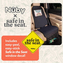 Nuby x Safe in the Seat car seat protector displayed in a vehicle, featuring a pocket with colorful design and a safety decal.