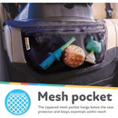 Zippered mesh pocket of the Nuby x Safe in the Seat Car Seat Protector holds colorful toys, enhancing organization in car travel.