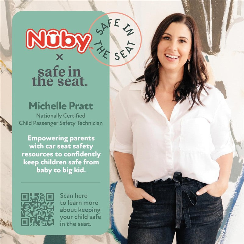 Nuby x Safe in the Seat Car Seat Protector promotional image featuring Michelle Pratt, a child passenger safety technician, sharing safety resources for parents.