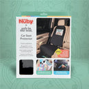 Nuby x Safe in the Seat Car Seat Protector features a black design with a clear pocket for educational visuals and storage compartments.