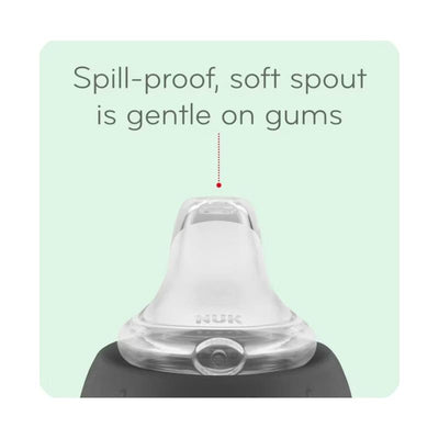 Spill-proof soft spout learner cup with gentle design, featuring the NUK brand, suitable for young children.