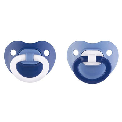 Two assorted Nuk pacifiers in blue shades, featuring round shapes and handles for easy gripping.