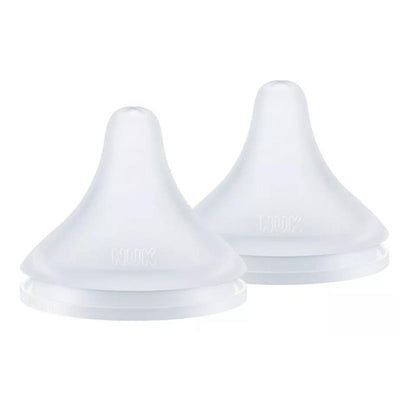 Medium flow replacement nipples from Nuk, designed for baby bottles, with a clear, soft silicone structure.