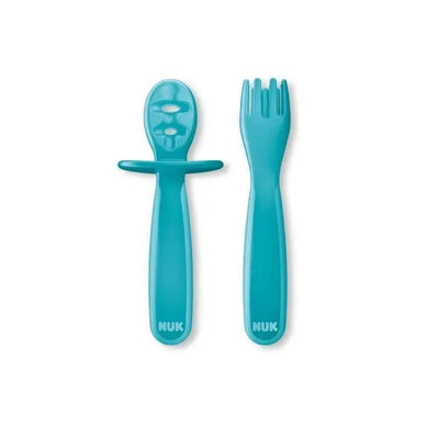 Two-piece set of Nuk toddler utensils: a spoon with a rounded end and a fork with three prongs, both in turquoise.