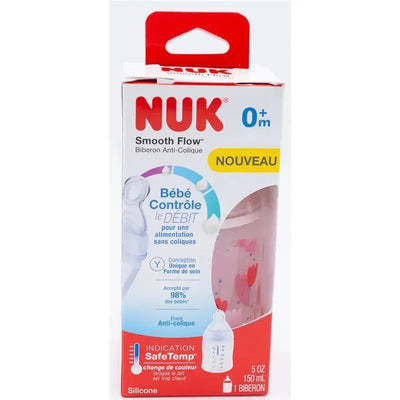 Nuk 5oz Smooth Flow Anti-Colic Bottle in transparent pink packaging featuring text about colic control and SafeTemp technology.