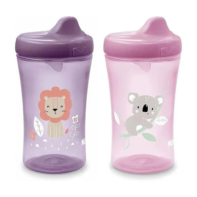 Two Nuk Advanced Hard Spout Sippy Cups, one purple with a lion design and one pink with a koala design, both for girls.