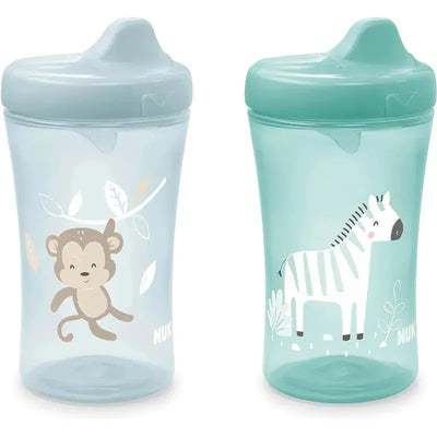 Advanced hard spout sippy cups by NUK, featuring a monkey and zebra design, spill-proof and 10 oz capacity, pack of 2.