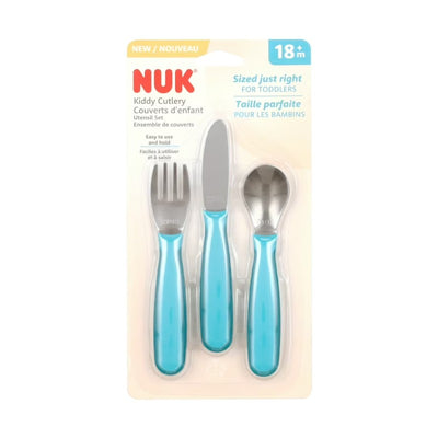 NUK Kiddy Cutlery utensil set for toddlers, includes a fork, knife, and spoon with blue handles, suitable for ages 18 months and up.